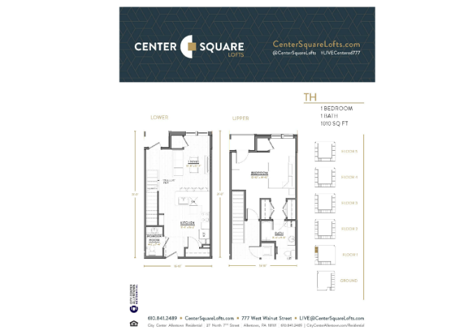 Floor plan for 1 bed, 1.5 baths, 1033 sqft